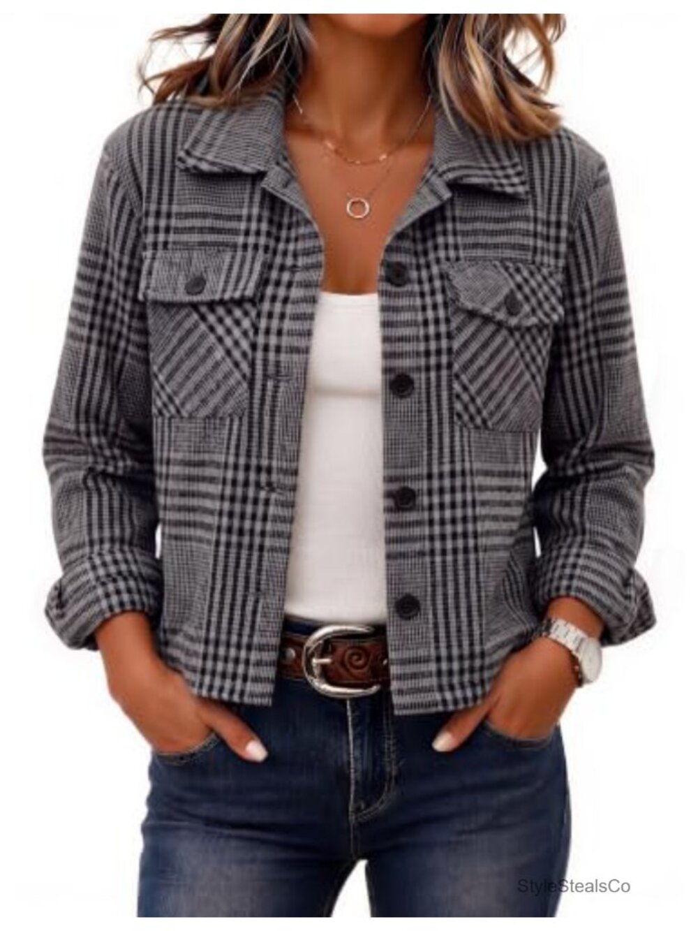 Cropped Flannel Shacket Jacket Plaid Casual Coat